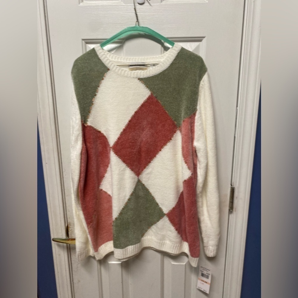 Alfred dunner womens ivory long sleeve crew neck sweater diamond pattern
2x